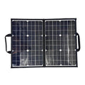 Black 40W solar panel folded inside its portable carrying bag.