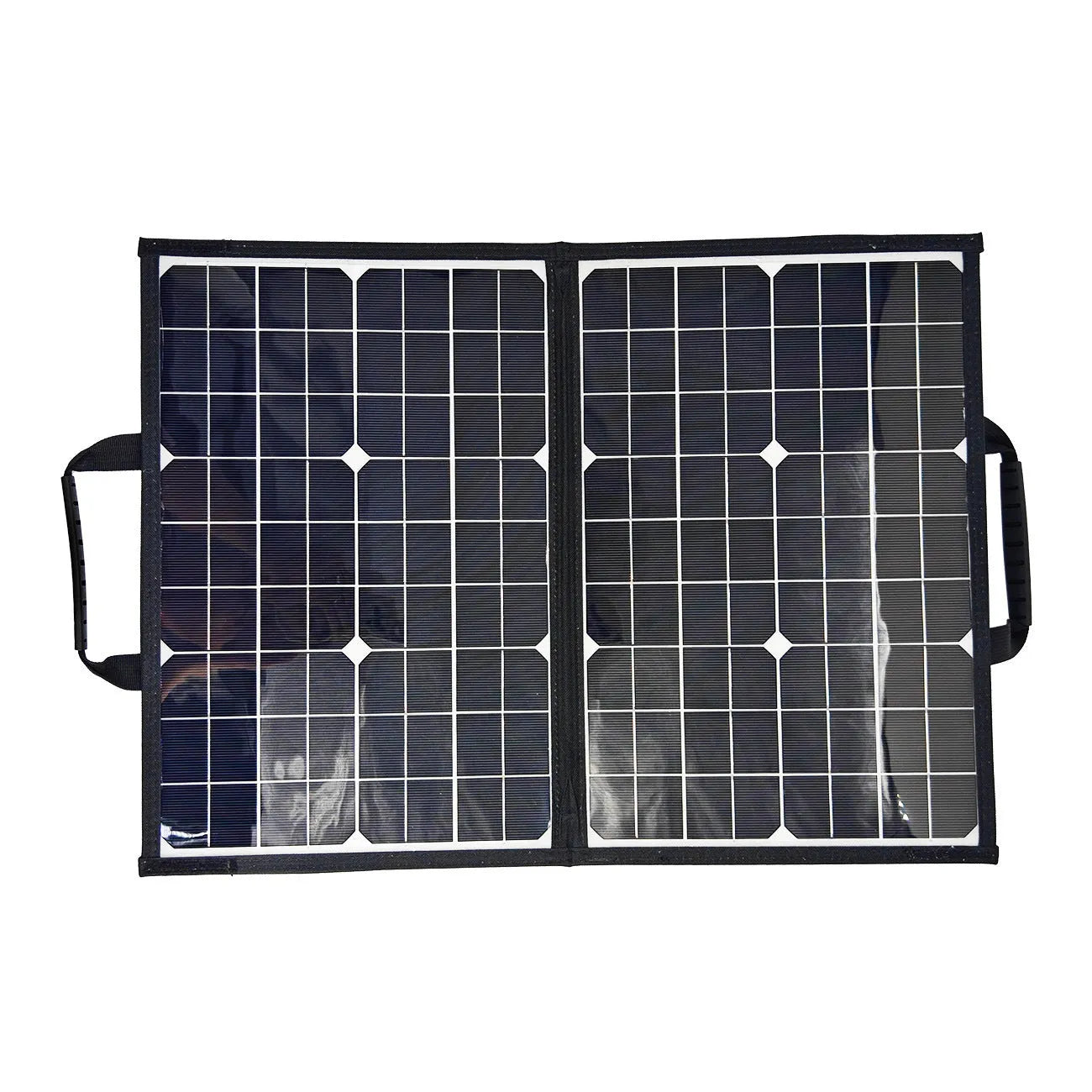 Black 40W solar panel folded inside its portable carrying bag.