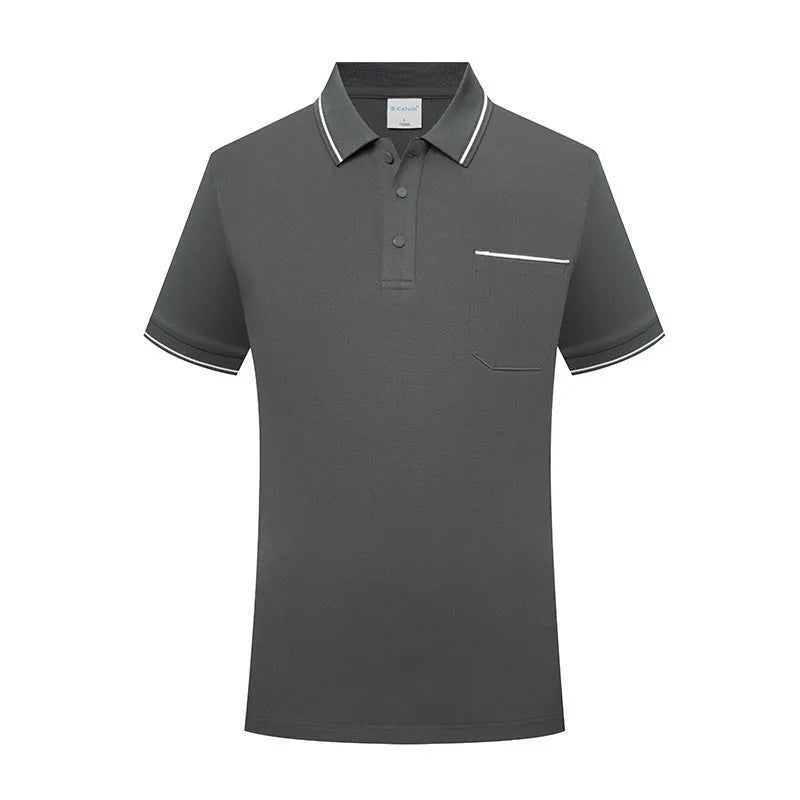Man wearing a light apricot lapel polo shirt with short sleeves and a chest pocket.