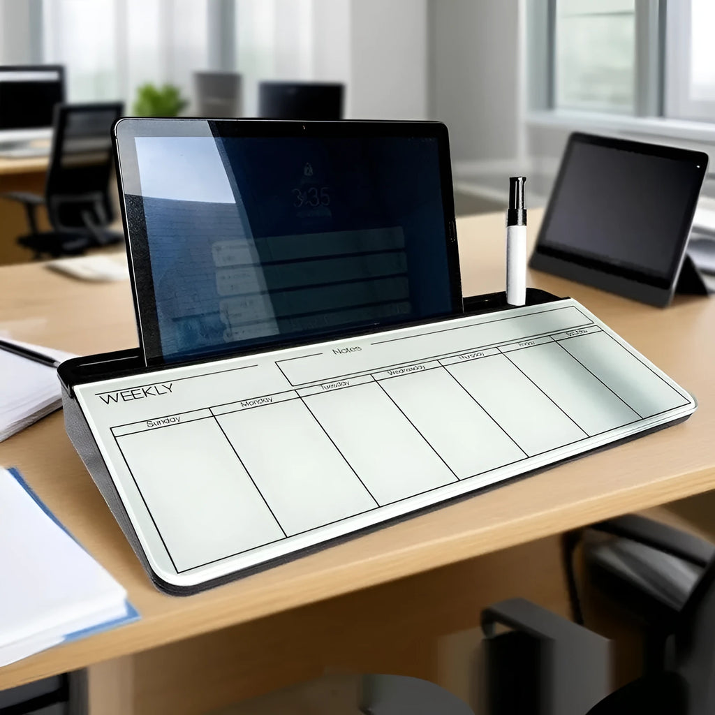Table top glass whiteboard in black finish measuring 18x40cm with dry-erase marker