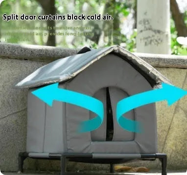 Gray cloth waterproof cat nest for stray cats with hanging bracket in outdoor winter setting