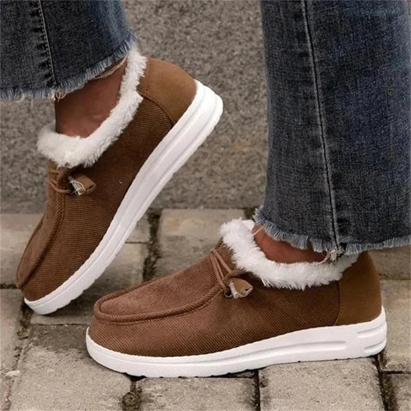 Women's warm plush ankle snow boots with cotton upper cross straps flat heel front tie in black