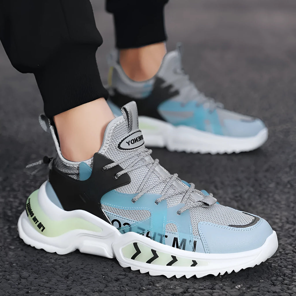 Men's high top PU mesh running walking tennis sneakers thick sole available in white light gray black