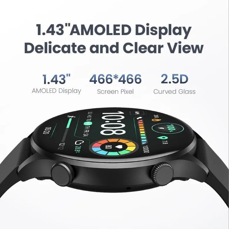 Black Bluetooth smartwatch with circular AMOLED display showing fitness stats