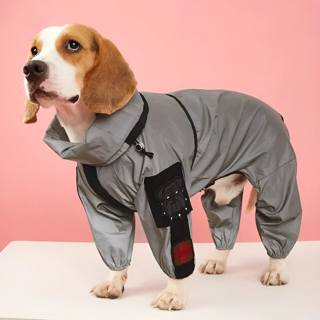Silver reflective four-legged large dog raincoat made of PU coated polyester