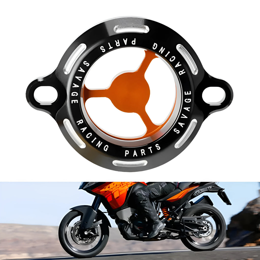 Aluminium alloy transparent oil filter cover for KTM DUKE motorcycles on a workbench