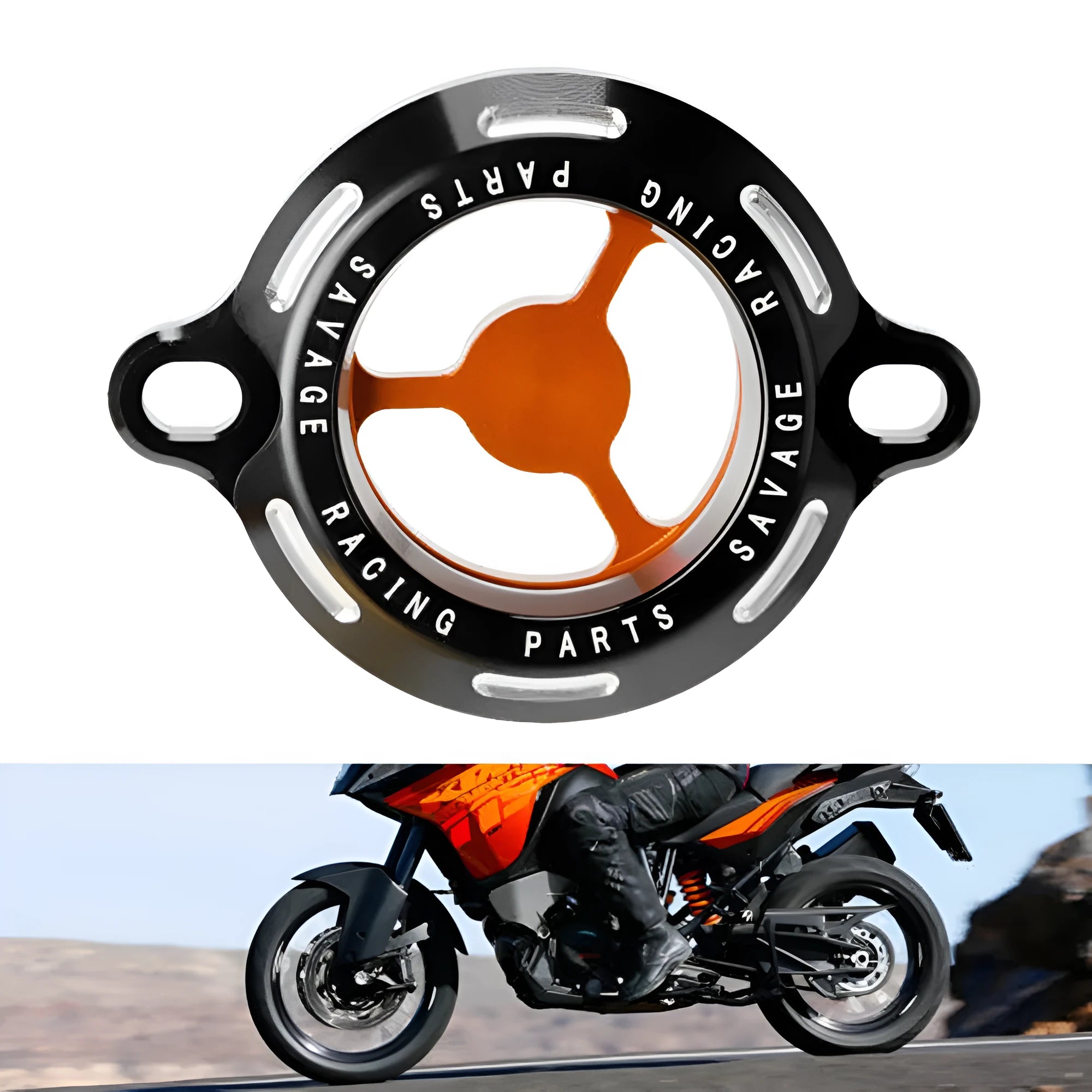Aluminium alloy transparent oil filter cover for KTM DUKE motorcycles on a workbench