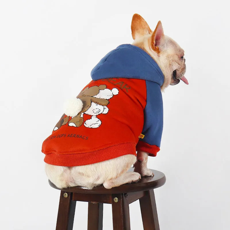 Red cotton dog coat for small to medium-sized breeds like Teddy or French Bulldog on a size chart showing L to 4XL.