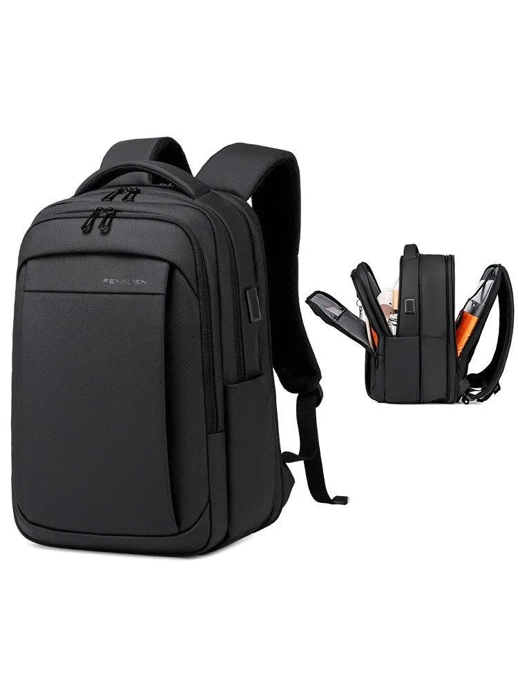 Large capacity Oxford cloth backpack for commuting and travel in black with 16-inch laptop compartment and air cushion strap