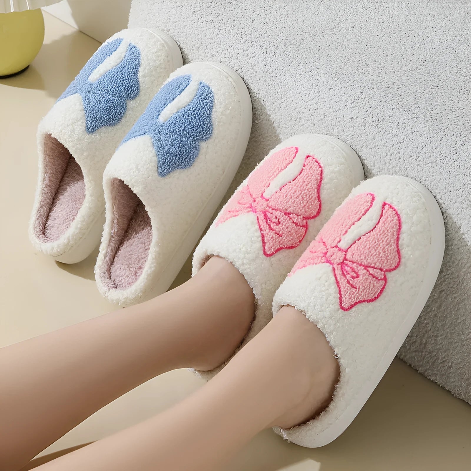 Pink and blue cartoon bow knot cotton slippers with suede upper and TPR sole
