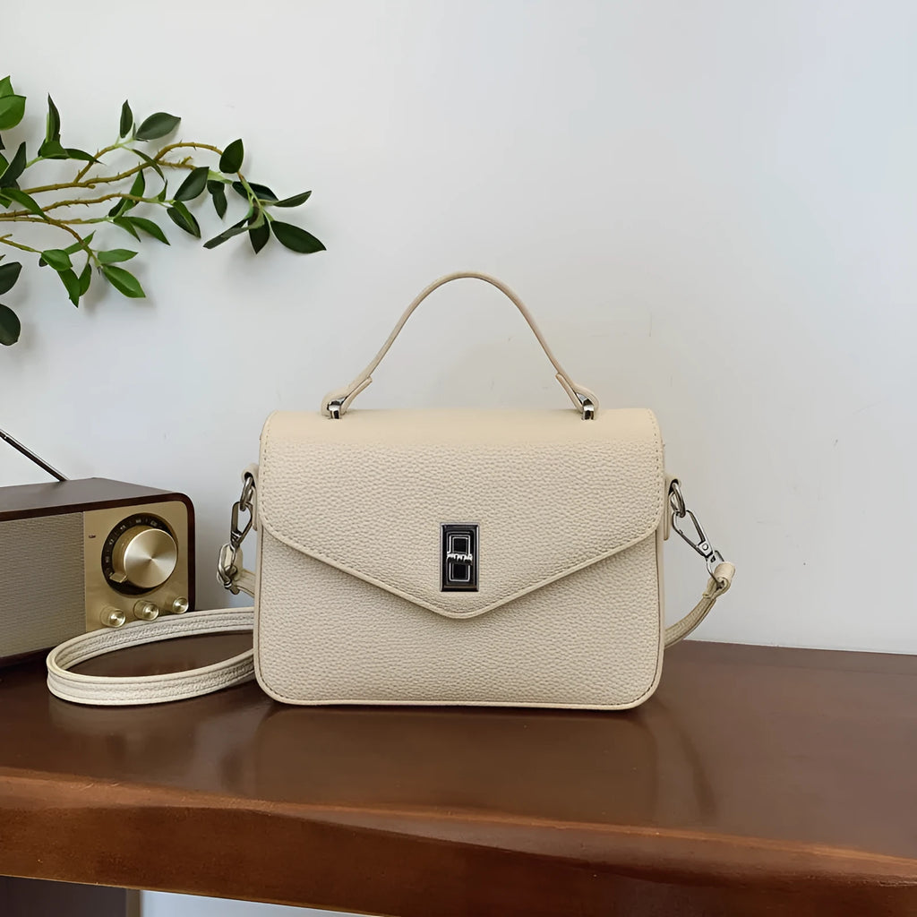 Horizontal square PU leather shoulder messenger bag with sewing thread detail in five colours including milky white and black