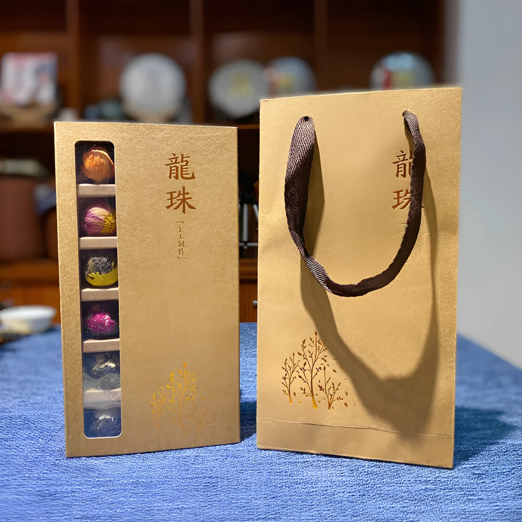 Six flavour flower tea gift box with 18 tablets featuring jasmine, lily, peony, yellow chrysanthemum, rose, and chrysanthemum