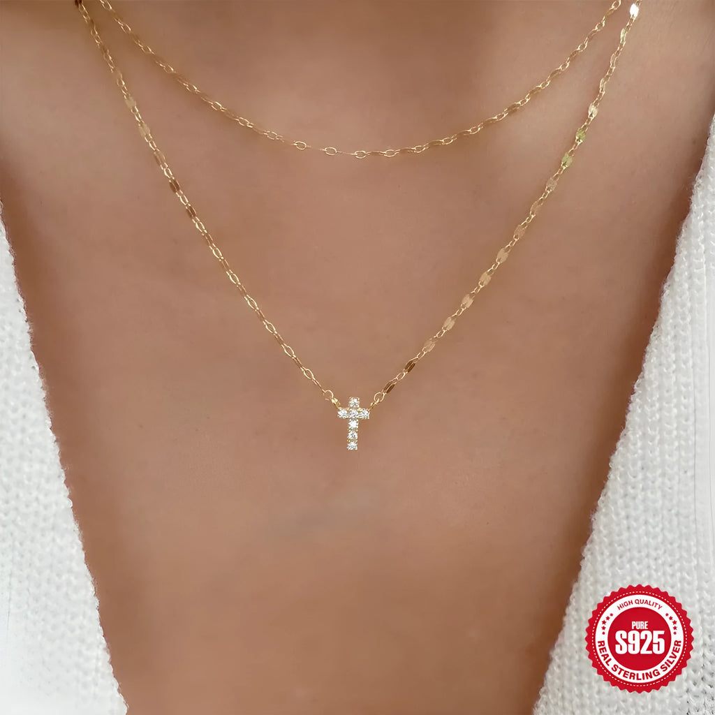 S925 sterling silver double-layer twin diamond cross pendant necklace on a delicate clavicle chain.