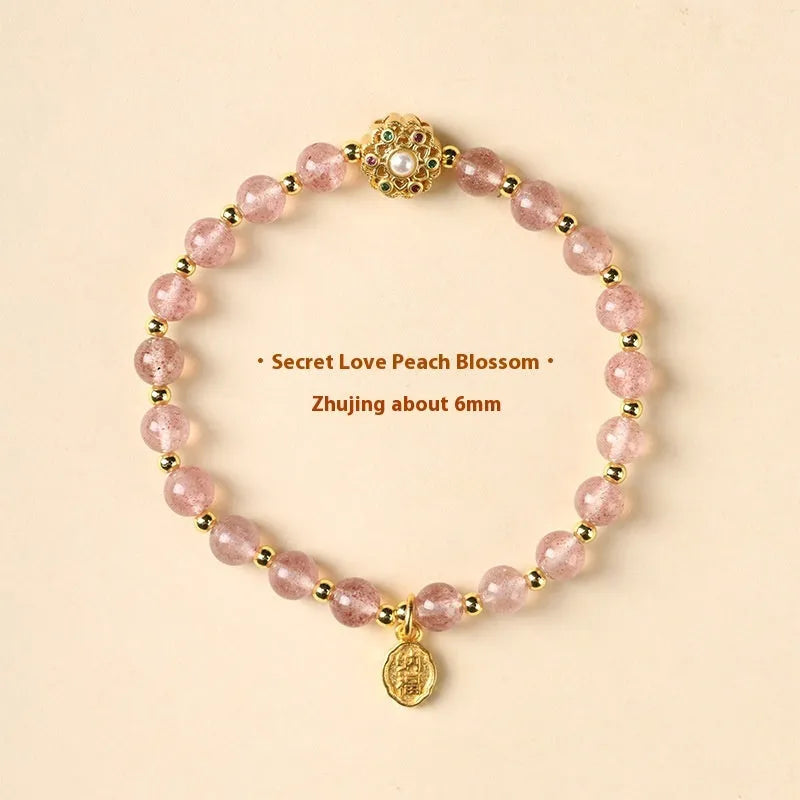 Hand-woven gray moonstone crystal bracelet with pink sunstone and peach strawberry quartz beads