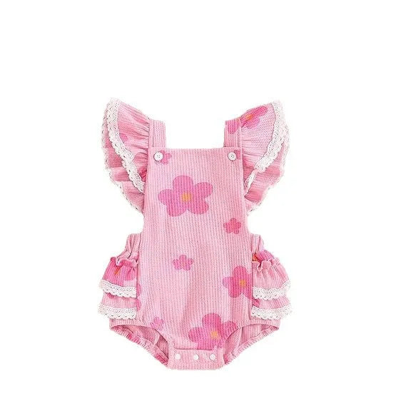 New baby girl sunken stripe flower romper in apricot colour, sleeveless triangle jumpsuit made of polyester