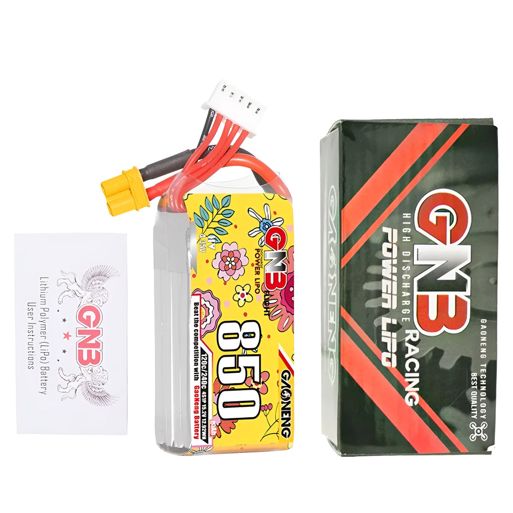 GNB 850mAh 4S 15.2V 120C LiPo battery with XT30 and XT60 plug options for RC models