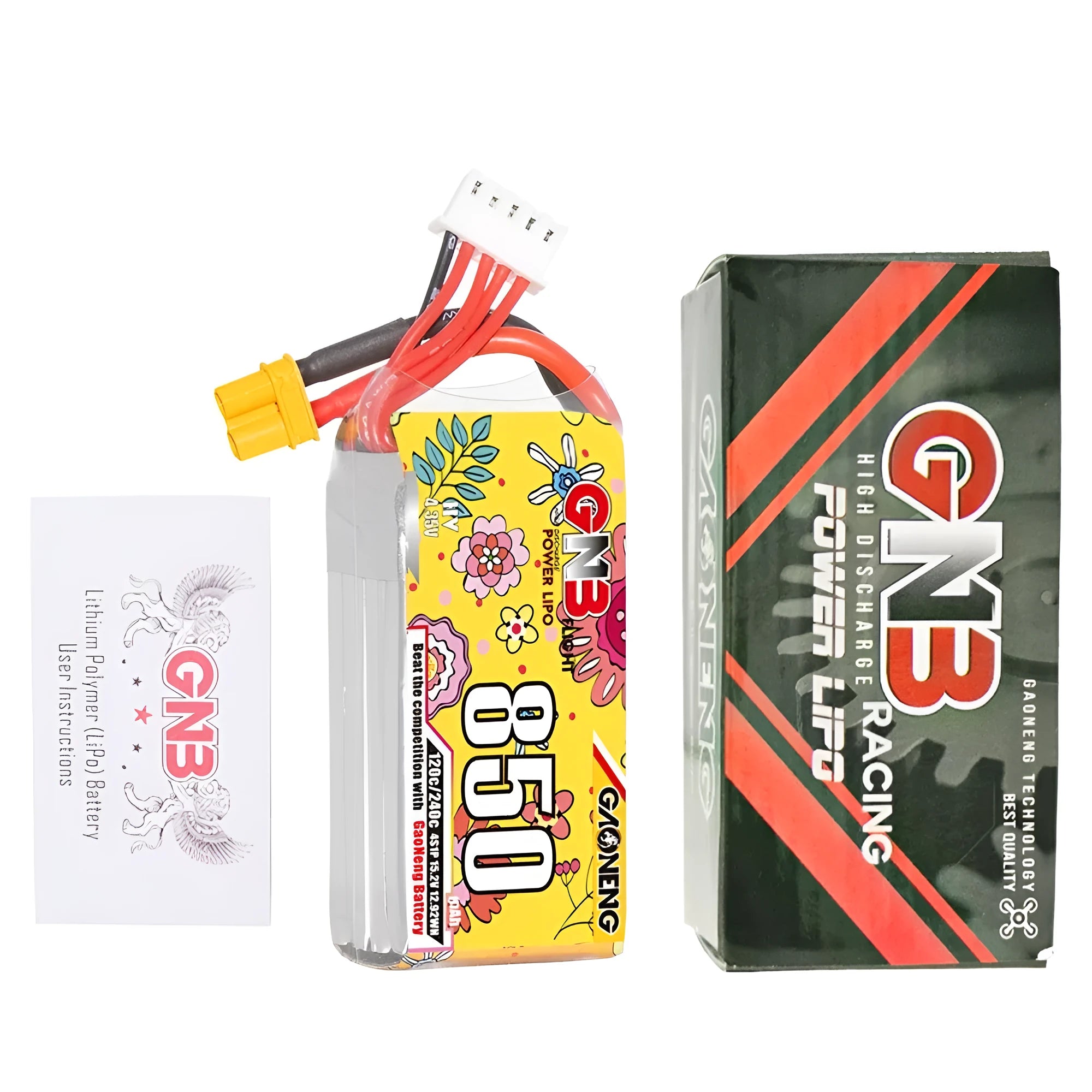 GNB 850mAh 4S 15.2V 120C LiPo battery with XT30 and XT60 plug options for RC models