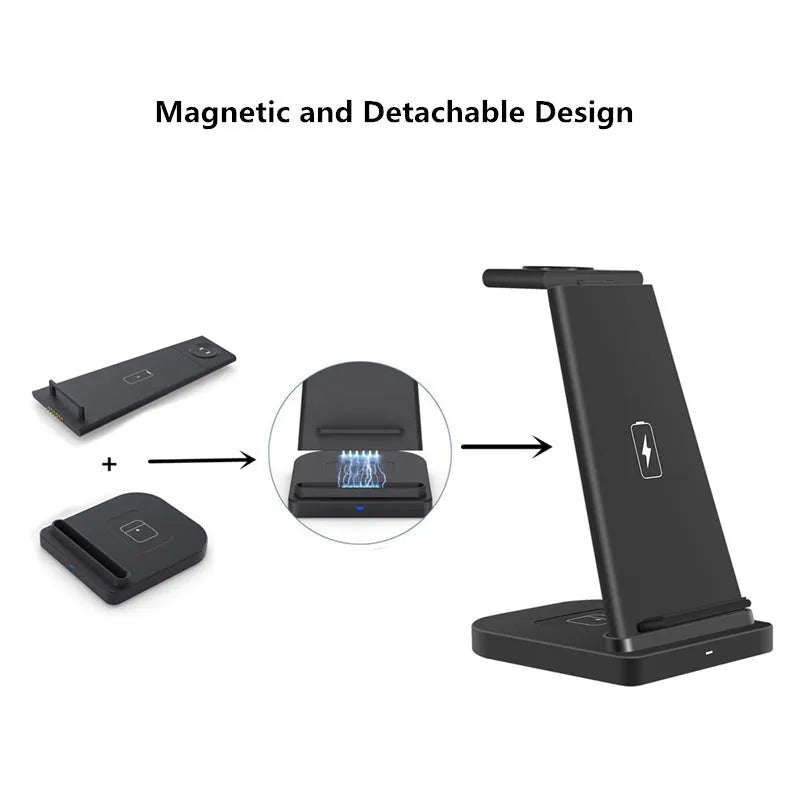 Black foldable three-in-one wireless charger for mobile phone, watch, and headphones with USB cable