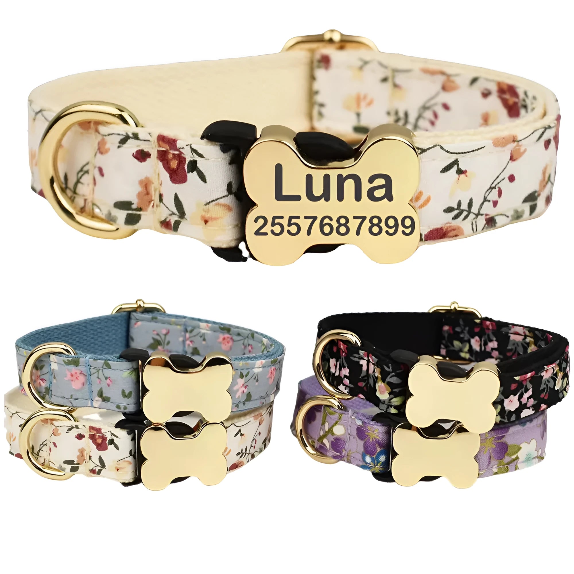 Flat nylon dog collar with a printed grid pattern and a white bone-shaped plastic buckle.