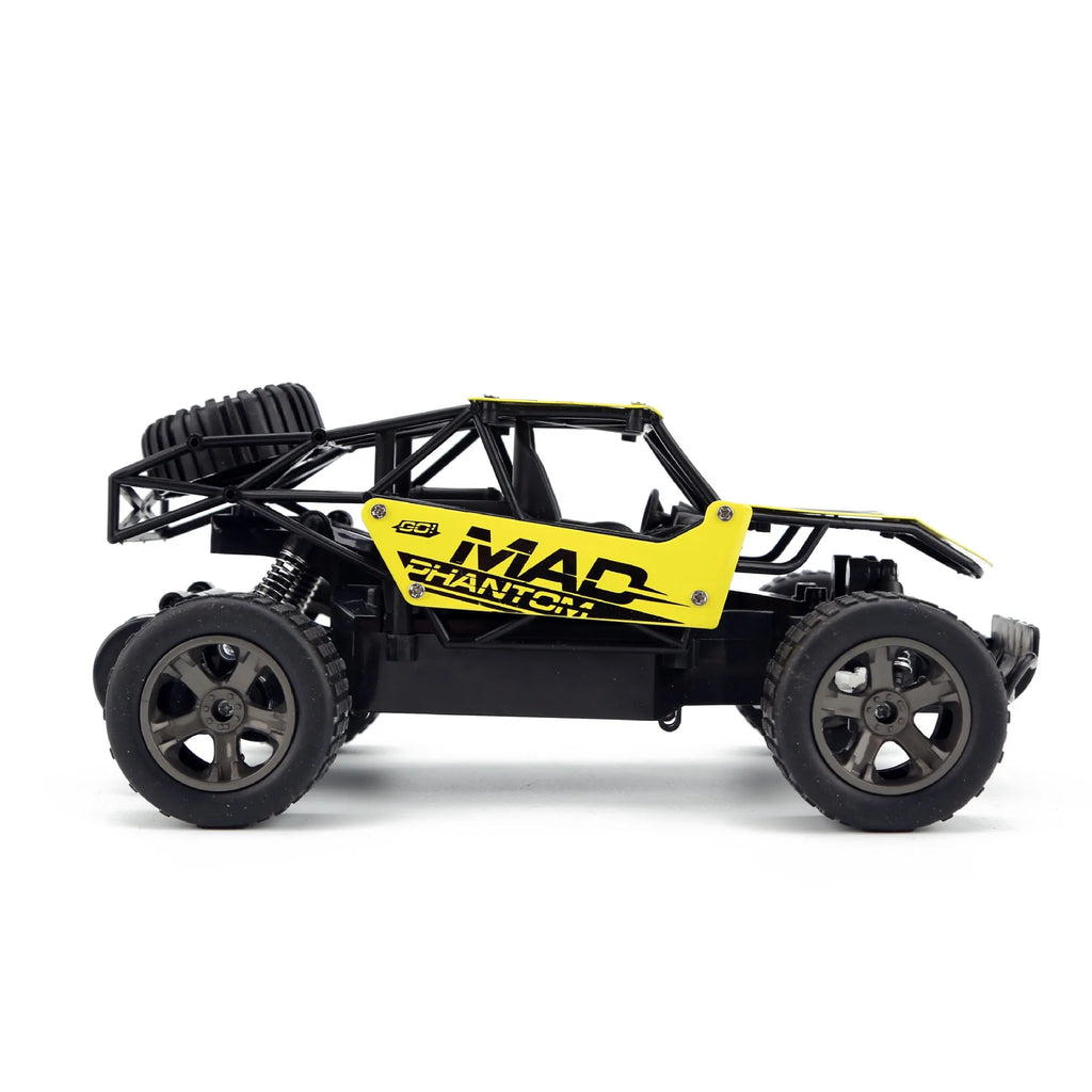 Blue and yellow 1:18 scale high-speed RC drift car with 2.4GHz remote control on an off-road surface