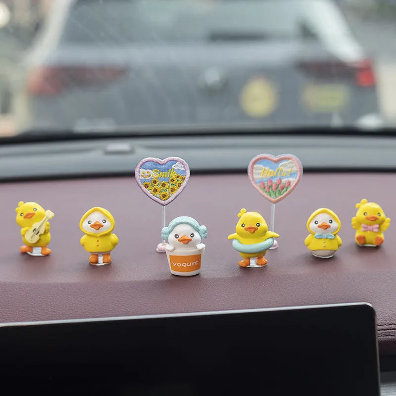 PVC cartoon duckling car decoration set with six figures and one plastic sign for dashboard