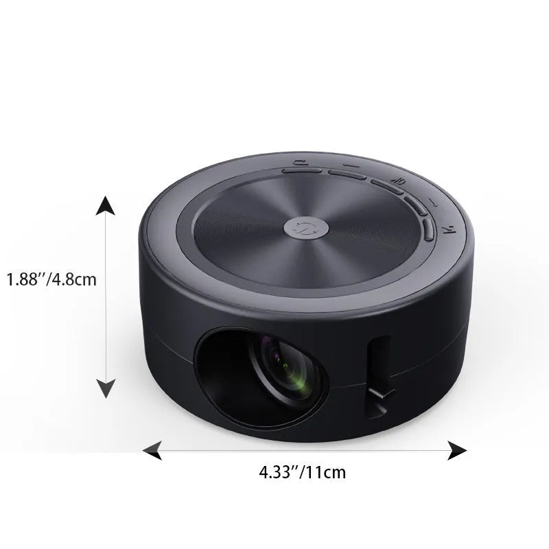 YT200 compact LED projector in black colour with remote control and USB cable