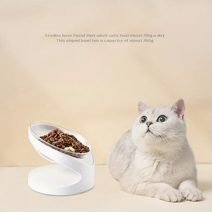 White elevated plastic cat feeder bowl with a tilted design for anti-vomit feeding.