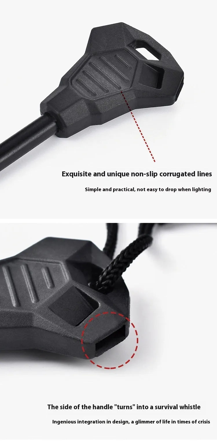 Black outdoor multifunctional survival flint with magnesium rod and stainless steel scraper tool.