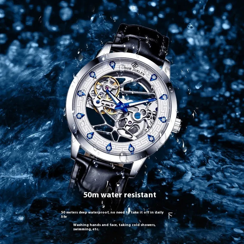 Men's silver mechanical watch with white dial, blue luminous hands, and a black leather strap.