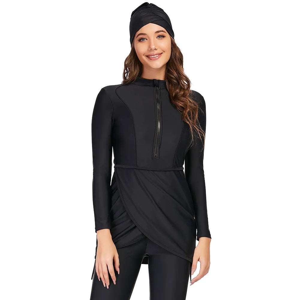 Black conservative Muslim swimsuit for ladies with long sleeves and full-length trousers