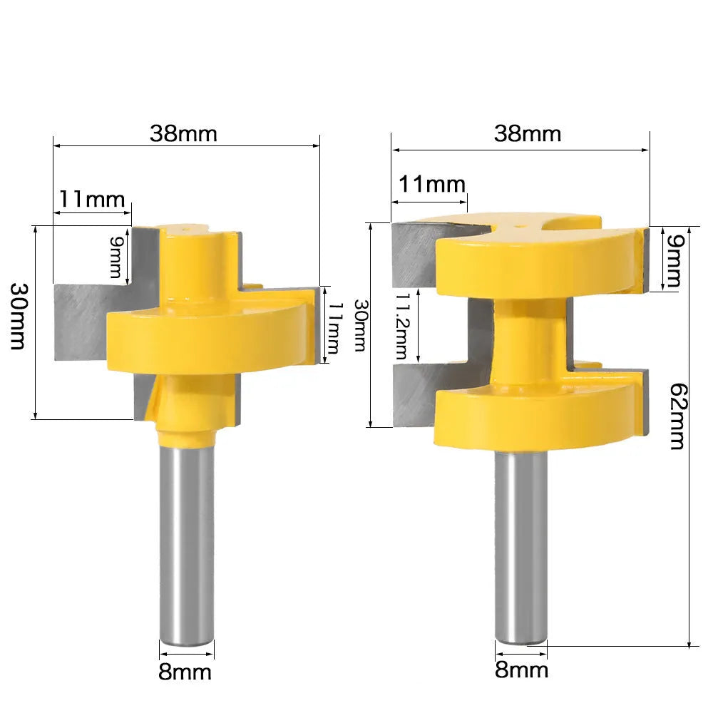Yellow T-slot woodworking milling cutter with 30mm blade length and 8mm shank on white background