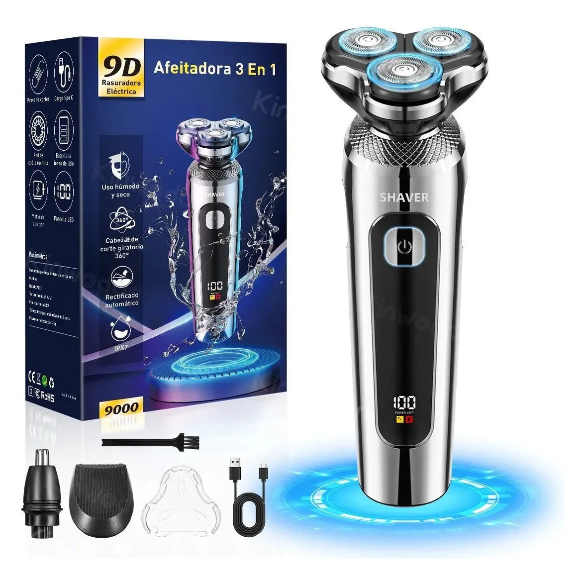 USB rechargeable beard trimmer with digital display and fully washable construction