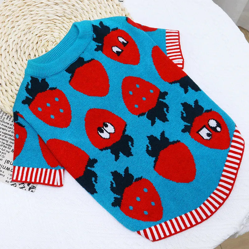 Cartoon rabbit design dog jumper with button front in wool blend material.