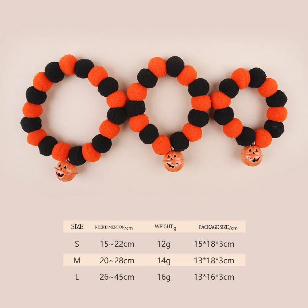 Orange Halloween cat collar with pumpkin design and adjustable snap buckle in three sizes