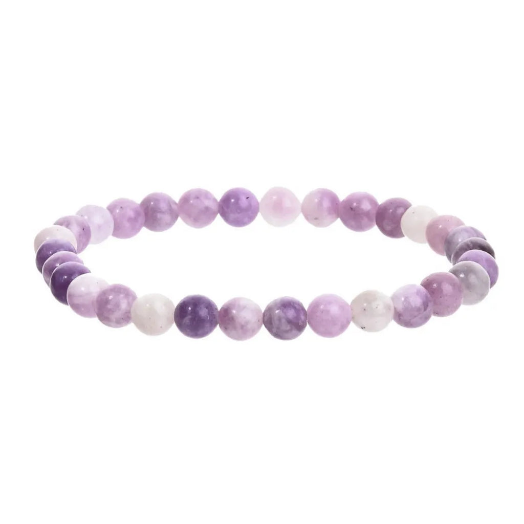 Purple geometric stone bead elastic bracelet showing manual craftsmanship and four size options