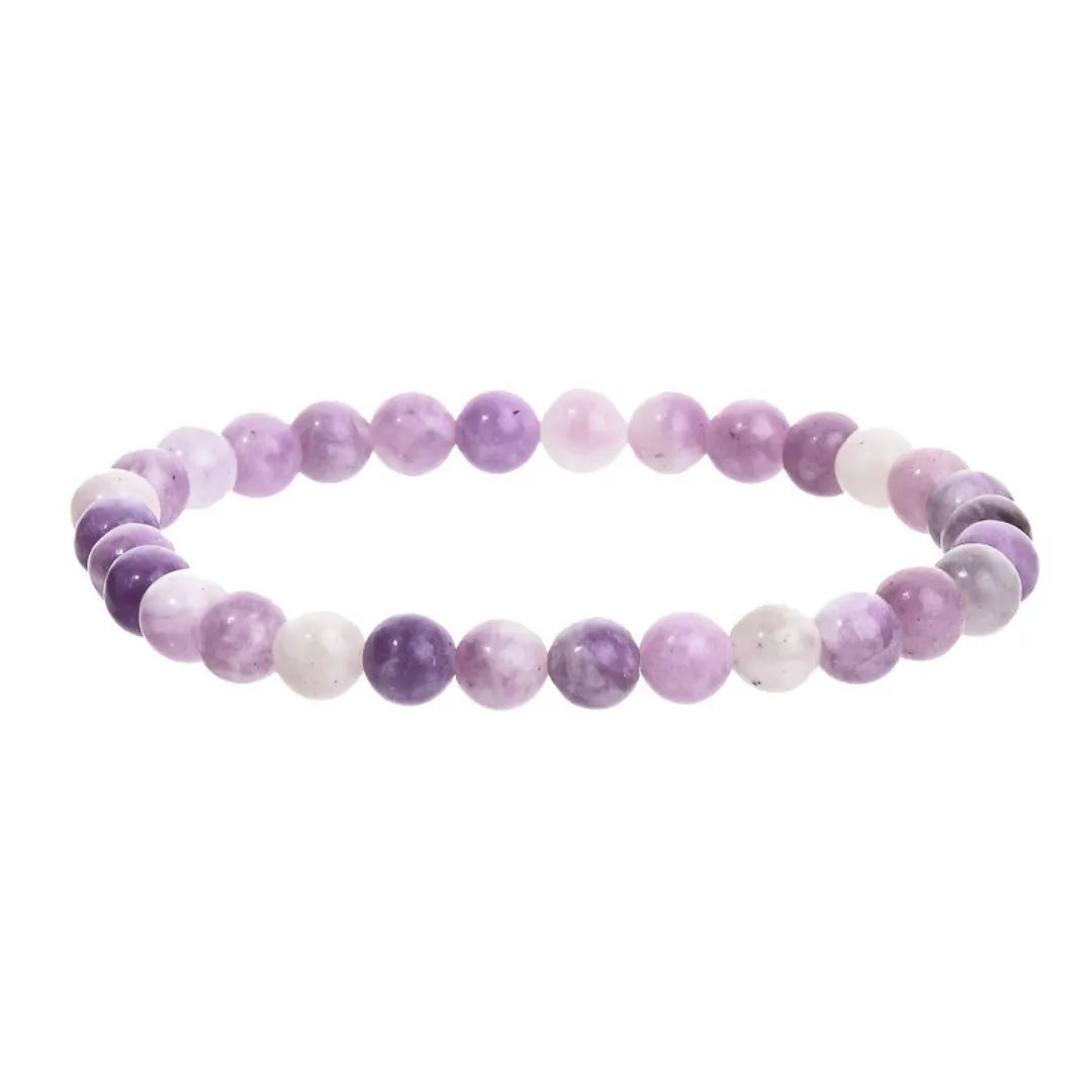 Purple geometric stone bead elastic bracelet showing manual craftsmanship and four size options