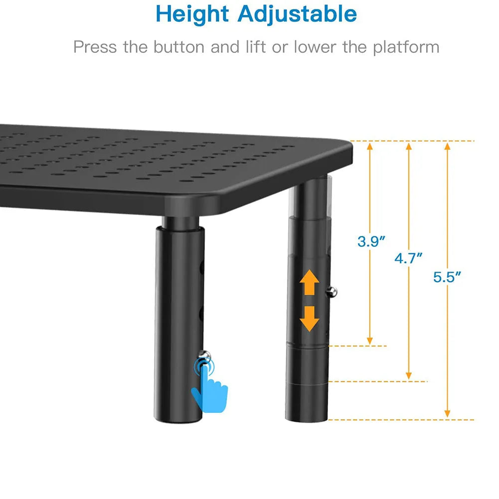 Black mesh iron display stand with three adjustable height settings for monitors and laptop cooling