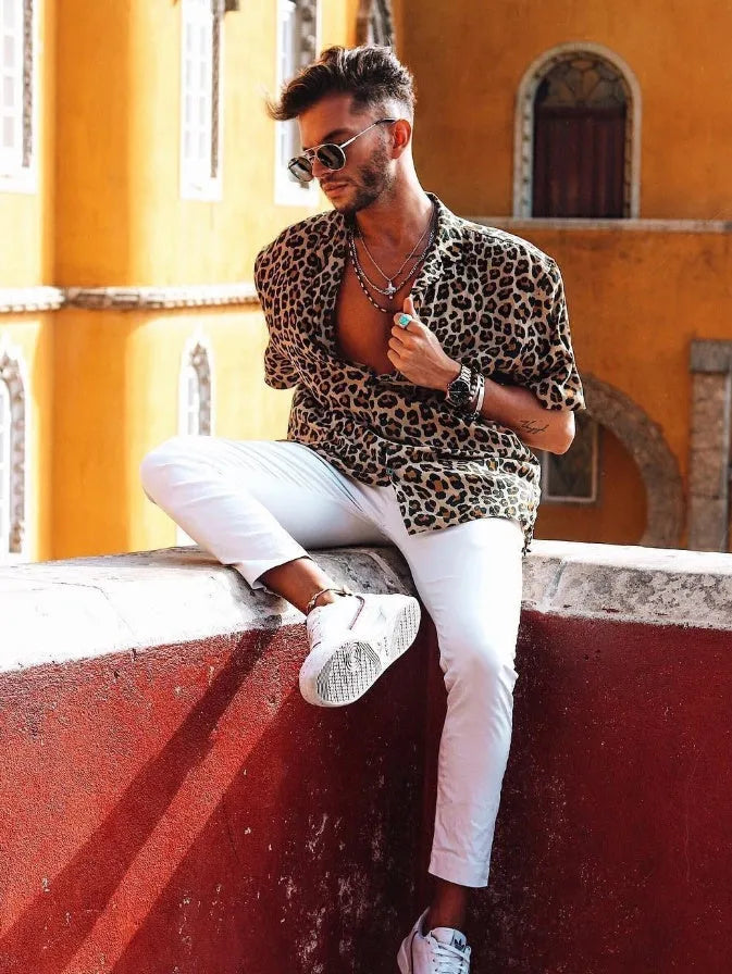 Men's leopard print shirt, 50% polypropylene, iron-free summer top, sizes S to 3XL
