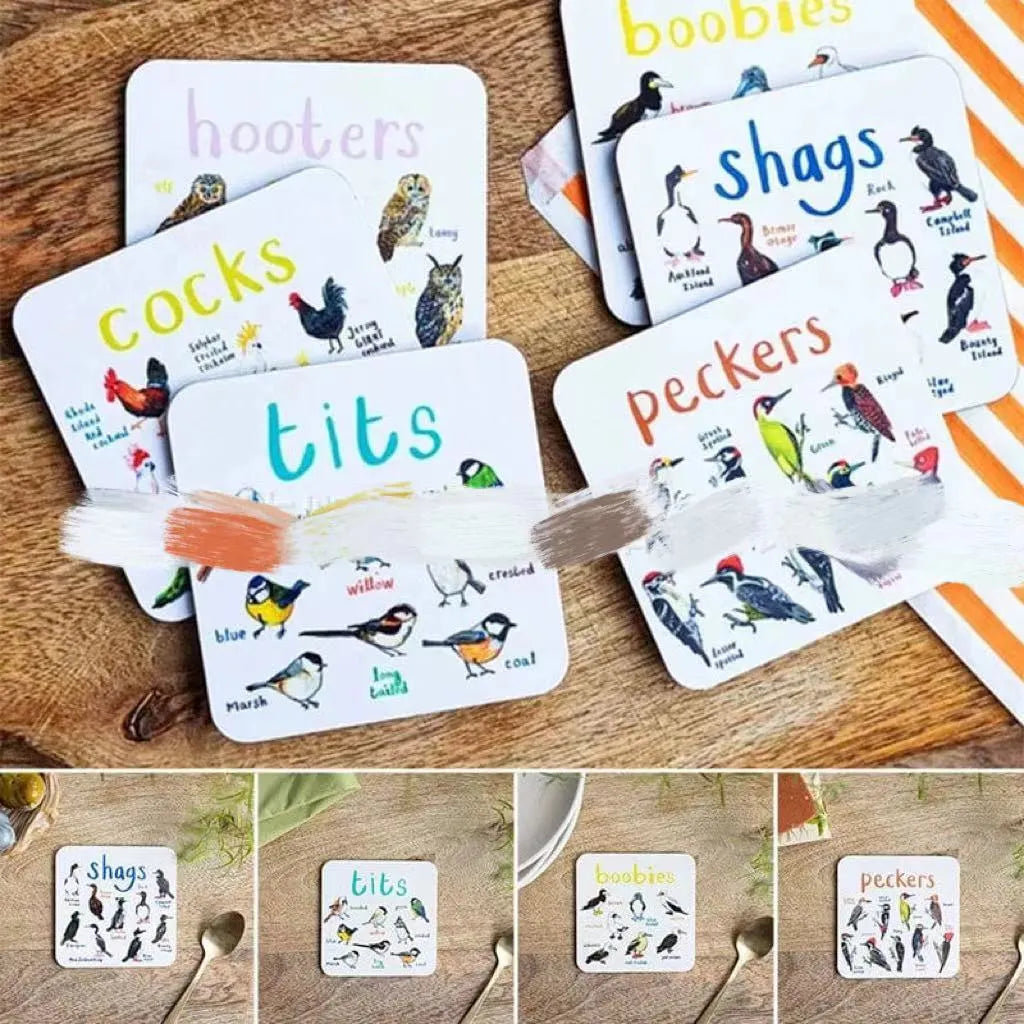 Bird pun coaster set, square PVC drink mats, 10x10x0.35 cm, 6 or 12 pieces