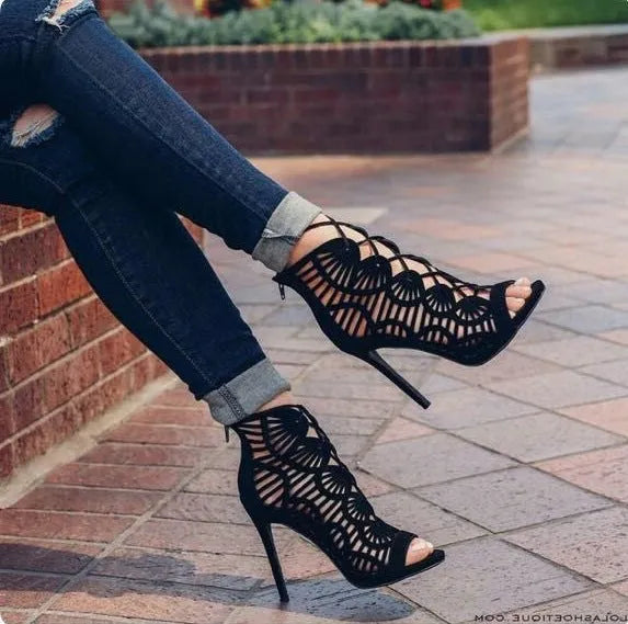 Black suede lace high heels Roman style stiletto over-knee boots with fish mouth toe
