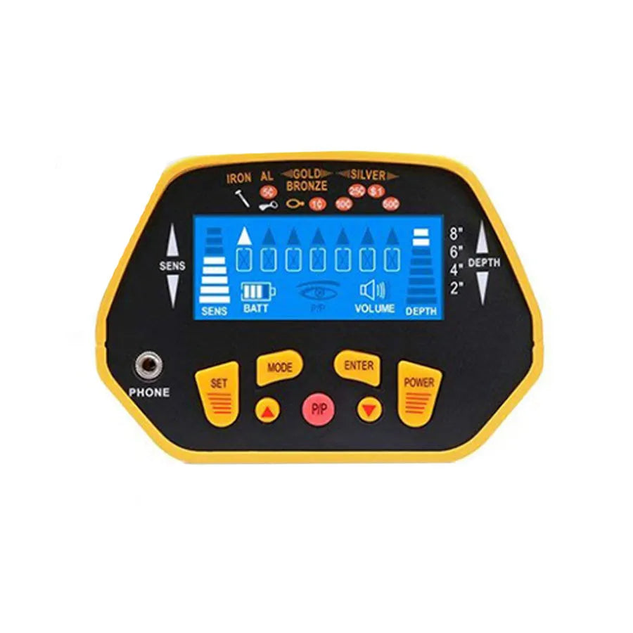Black and yellow GC1028 professional metal detector with LCD display and adjustable pole.