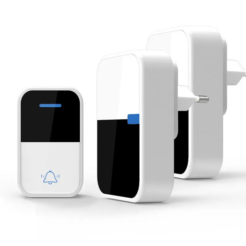 White plastic wireless doorbell receiver and transmitter with self-generating, long-range technology.