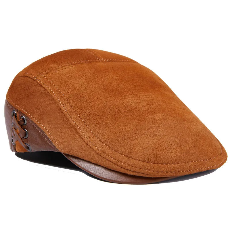 Men's cowhide leather beret hat in black with peaked cap, dome and short brim