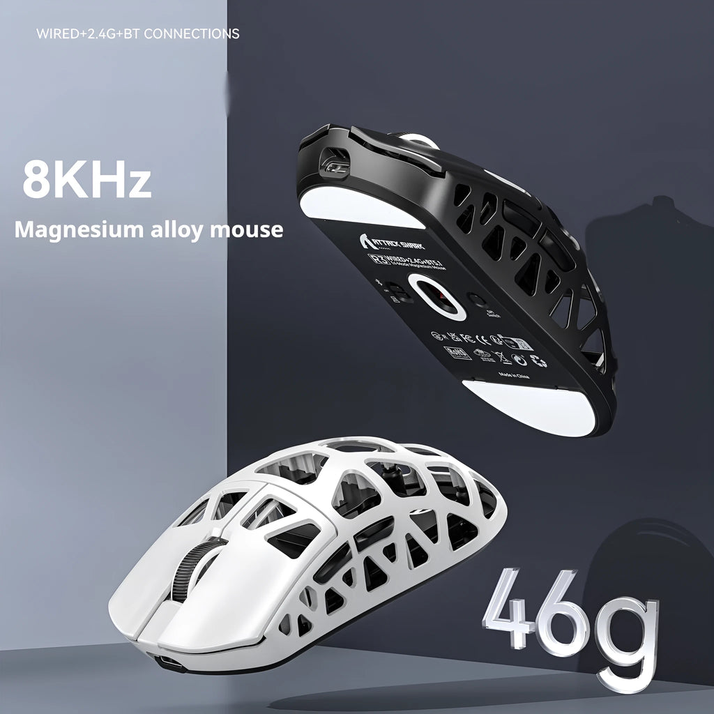 Attack shark R3 magnesium alloy 8k wireless Bluetooth mouse in silver gray with USB receiver and parachute cord line