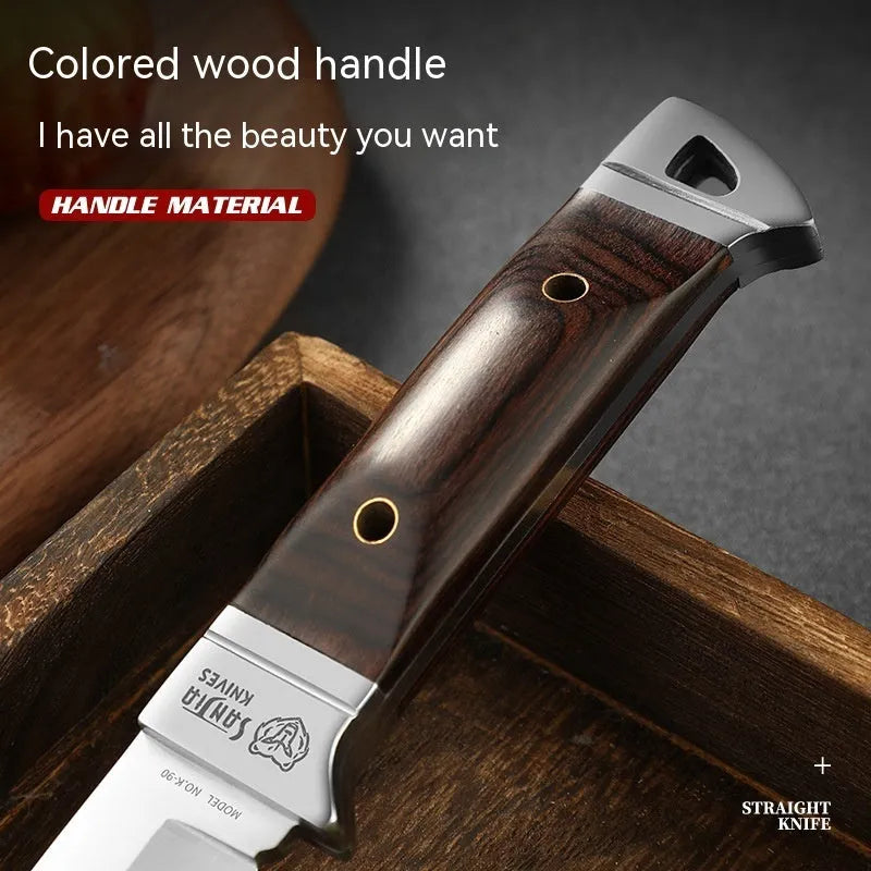 Camping fruit knife with stainless steel blade, national style design, and leather protective case