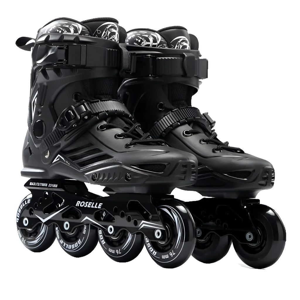 Adult inline roller skates for beginners in black with PP reinforced shell and aluminium alloy frame