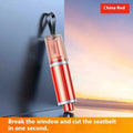 Black and red car emergency hammer with window breaking tip and seatbelt cutter