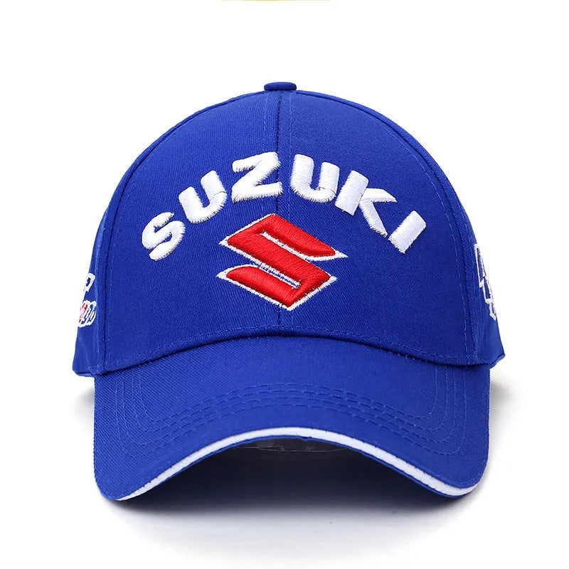 Embroidered cotton motorcycle baseball cap in black, front view, showing embroidered motif on crown