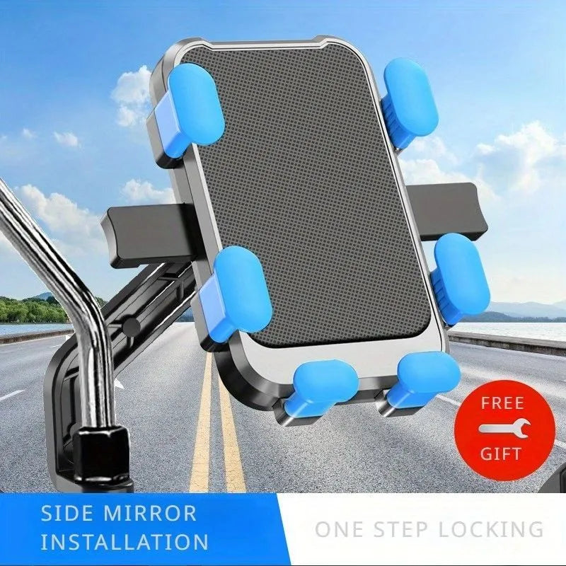 Aluminum alloy motorcycle phone holder with double adjustment on handlebar mount