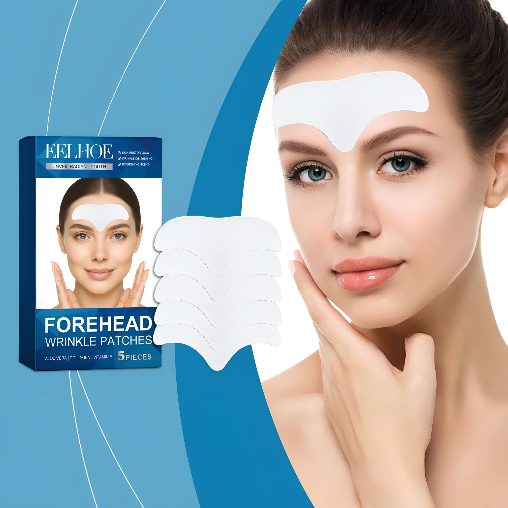 Pack of 5 forehead skincare patches on non-woven fabric with moisturising ingredients
